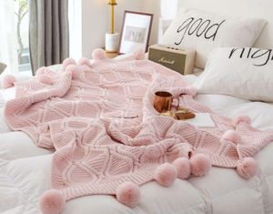 Filtar dekorativ b￤ddsoffa stickad s￶t fluffig pompon design vit rosa gr￥ mjuk varm vinter chenille kast filt