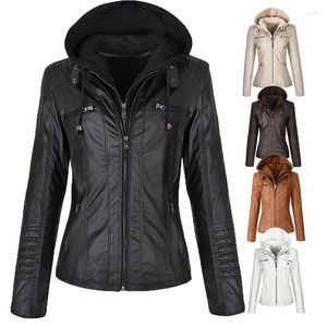 Women's Jackets Women Zipper Motorcycle Leather Autumn Winter Long Sleeve Slim Fit Windproof Coats Warm Hooded Faux