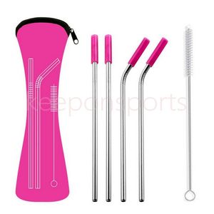 DHL 6Pcs/set Reusable Stainless Steel Straight Bent Drinking Straws with Silicone Tips for Hot Cold Beverage Drink Bar Tools SS1103