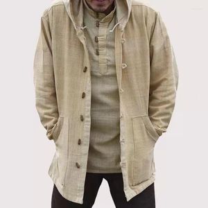 남성용 캐주얼 셔츠 봄과 가을 판매 남자 면화 린넨 복고풍 레트로 후드 느슨한 긴 슬리브 단색 셔츠 코트