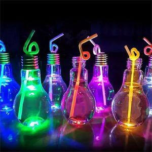 Wholesale LED Light Bulb Water Bottle Plastic Milk Juice Water Bottle Disposable Leak-proof Drink Cup With Lid Creative Drinkware bb1103