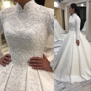 Muslim uma linha vestidos de noiva vestido de baile de pescoço alto dubai Arábia de renda cheia contas de cristal pérolas mangas compridas vestidos de festa nupcial robe de casamento