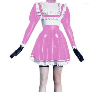 Casual Dresses Sexy Latex Maid Dress Rubber Wet Look PVC Faux Sailor Japanese School Students Clothes With Trim Bow Back Zip Pleated Clubwea