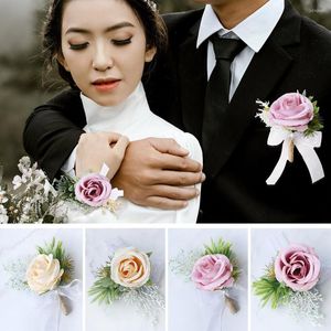 Dekorativa blommor Brudgroom Wedding Corsage Rose Armband Bridesmaid Wrist Ceremony Flower Brosch Pin Party Meeting Decor