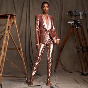 Rose Gold Sequined Women Suits Office Lady Tuxedos One Button Female Business Sal Shawel Lapel Blazers med jacka och byxor