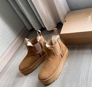 Designesr Yarım Platform Bot Tasarımcı Kadın Kar Botları Gerçek Deri Kalın Dip Kahverengi Slip-On Avustralya Peluş Giden Kış Botları Eur35-40ds