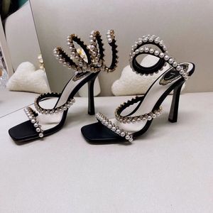 2022 Women Shiny Sandals Cryatal String Bead Decor Runway Thin High Heels Shoes Ladies Elastic Band Sexy Party Banquet Gladiator Sandals