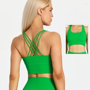 Yoga Outfit ABS LOLI Brushed Strappy Longline Sports Bras Women Wirefree Criss-cross Back Bra Medium Impact Workout Crop Tank Top