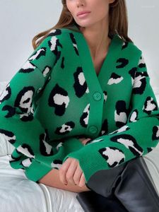 Maglioni da donna Cardigan con stampa leopardata verde invernale da donna Maglione lavorato a maglia caldo spesso allentato da donna Manica lunga con scollo a V Tutto-fiammifero