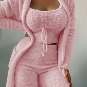 Women's Fuzzy Lounge Set with Open Front fluffy cardigan womens and High Waist Pants - 2 Piece and 3 Piece Sweatsuit Outfits for Winter House Wear (Style 221103)