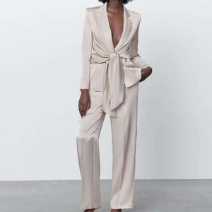 Two Piece Dress 2022 Women Long Sleeve Bow Lacing Silk Satin Texture Solid Blazer High Waist Elastic Straight Pants Suit