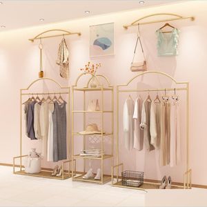 Kommerzielle Möbel Kleiderständer Kommerzielle Möbel Display Bekleidungsgeschäft Gold Racks Landing Womens Shop Show Hanger Special Clo Dhmy6