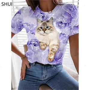 女性夏の半袖レディースTシャツデジタル3DキャットプリントOネックトップスフェム