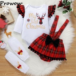 Kläder sätter Prowow My First Christmas Baby Girl Clothes Ruffle RomperPlaid Suspender kjolar 2023 Year Costum Outfit 221103