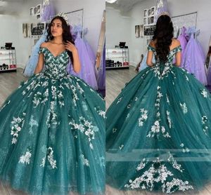 Green D Floral Quinceanera Dresses Applique Off the Shoulder Neck Rems Sweet Birthday Party Prom Formal Evening Wear Vestidos