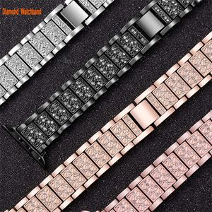 Diamond rostfritt stålband smarta remmar kompatibla med Apple Watch Band 38mm 40mm 41mm 42mm 44mm 45mm Watchband för IWatch SE Series 8 7 6 5 4 3 2 1 Rose-Gold Black