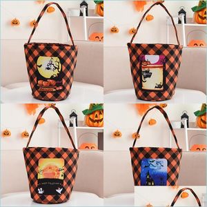 Andere festliche Partyartikel Halloween-Korb Plaid Canvas Eimer Partybevorzugung Süßes oder Saures Tote Aufbewahrungstasche mit Griff Feiertags-Dhety