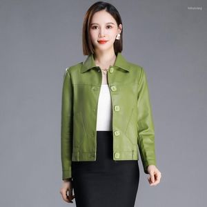 Women's Leather PU Jacket Women Nice Spring Autumn Slim Fit Small Short Coat Turn-down Collar Button Green