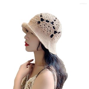 Berets Autumn Women's Handmade Knitted Bucket Hat Fisherman Hats Female Girls Hollow-out Design Ins Cotton Crochet Panama Cap Gorras