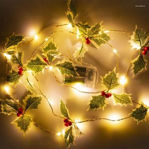 Strings 20 LED Christmas Leaf Berry Light String Battery Copper Wire Lights Wreath Holly Flower Ornaments Year Xmas Tree Decoration