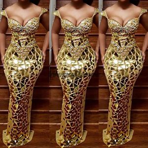Sparkly Festival Flashy Mirror Evening dresses 2023 off shoulder african aso ebi Gold Diamante mermaid Prom Dress Rhinestones