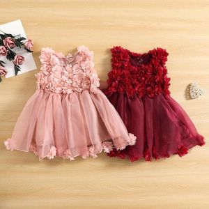 Mädchen Kleider Baby Mädchen Sommer Ärmelloses Kleid Einfarbig 3D Blütenblatt Dekoration Mesh Saum Prinzessin A-linie
