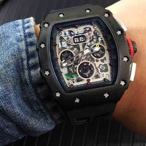 SuperClone Luxury Mens Mechanics Watch Richa Milles Mensオートマチックメカニカルブラックケースホワイトラバーフライバッククロノスケルトンデート腕時計