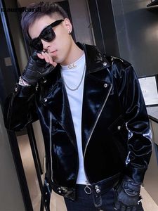 Men's Leather Faux Leather Mauroicardi Spring Autumn Cool Black Shiny Reflective Patent Pu Leather Biker Jacket Men Belt Zipper Plus Size European Fashion T221102