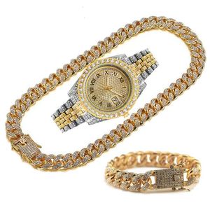 Wristwatches Full Iced Out Watches Men Gold Cuban Link Chains Bracelet Necklace Chokers Rapper Club Bling Fashion Jewelry For Watch Set255b