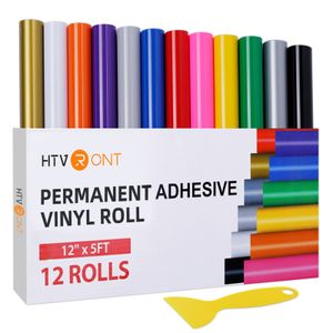 Wall Stickers 12 Pack HTVRONT 12X5ft Multi Colors Permanent Adhesive Vinyl Rolls for Cricut Craft DIY Cup Glass Phone Case Decor EASY TO CUT 221102