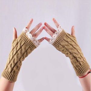 Basker ullhandskar vackra spetsar utökad handledsskydd vinter damer varma japanska och koreanska stickade halvfinger