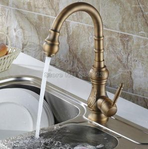 Kitchen Faucets Gooseneck Swivel Spout Sink Faucet /Antique Brass Single Hole Deck Mounted Handle Vessel Mixer Taps Wsf080