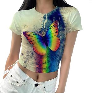 Damen-T-Shirts, Schmetterlingsdruck, Basic-T-Shirt, europäisches und amerikanisches Rundhals-Kurzschluss-Sommer-Tight-Top mit hoher Taille