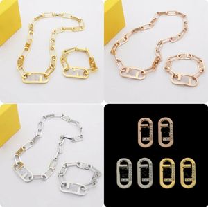 Designer Men Lady Women Bracelet Earrings & Necklace Titanium Steel Hollow Out Double F Letter 18K Gold Thick Chain Ear studs Luxurious Jewelry Sets