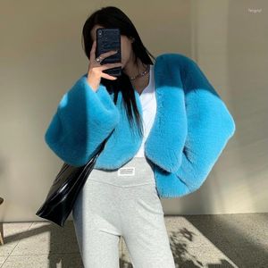 Women's Fur Temperament V Long Sleeve Blue Faux Short Jacket Retro Sexy Slim Crop Cardigan Autumn Winter Clothes Black White Grey Korean