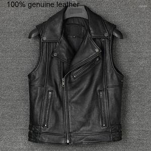 Men's Vests Vest Leather Genuine Men's Cowhide Oblique Zipper Motorcycle Biker Stand Collar Sleeveless Jackets Waistcoat