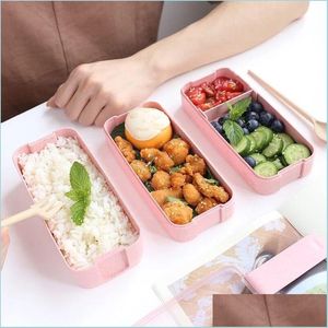 Lunchlådor Väskor Lunchlåda 3 Grid Wheat St Bento Transparent Lid Food Container för arbete Travel Portable Student Boxes Containers Dr DHHVS