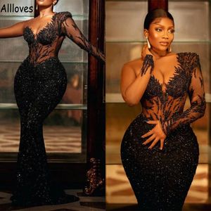 Arabic Aso Ebi Black Sequined Sexy Prom Dresses Illusion Long Sleeves Lace Appliqued See Through Special Occasion Evening Gowns Plus Size Mermaid Formal Wear CL1344