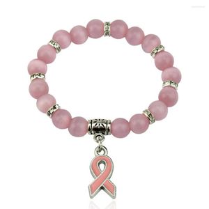 チャームブレスレット2022乳がん啓発ピンクキャットアイビーズ調整可能なブレスレット女性10月リボンギフトジュエリーPRL015