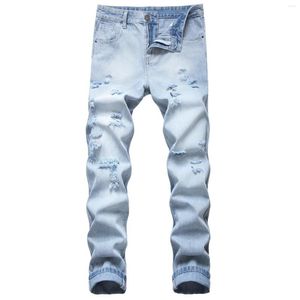 Men's Jeans 2022 Ripped Men's Light Blue Patchwork Biker Streetwear Series Straight Slim Korean Style