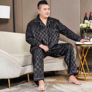 Men's Sleepwear 3XL-5XL Large Size Black Plaid Silk Pajamas Satin Man Autumn 2 Piece Set Long Sleeve Shirt and Pants Sleepwear Outfits Men Pjs T221103