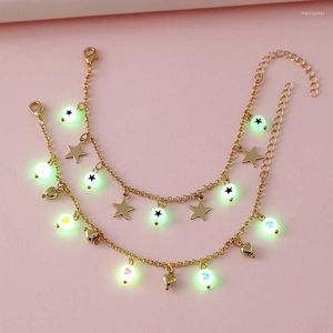 Anklets 2Pcs/set Luminous Star Bead Pendant Anklet For Girls Teens Kids Adjustable Summer Beach Alloy Chain Jewelry Gift