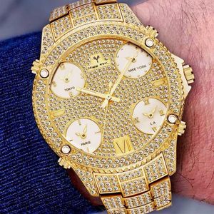Zegarek na rękę Relogio Masculino Missfox 51 mm duży rozkładka 18K Gold Watch Men Waterproof with Staliless Link 5 Strefa czasowa Bransoletka 320n