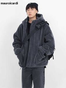 Men's Fur Faux Fur Mauroicardi Winter Thick Warm Oversized Dark Grey Sherpa Jacket Men with Hood Zip Up Fluffy Loose Casual Faux Lamb Fur Coat 2022 T221102