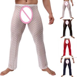 Men's Sleepwear Sexy Men See-through Mesh Long Pants Underpants Sheer Trouser Soft Thin Lingerie Base Layer Sleep Bottoms