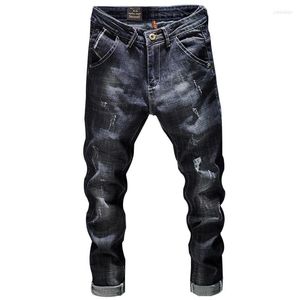 Herr jeans 2022 Boutique elegant minimalistisk hål stretch mäns svarta manliga casual byxor slang män