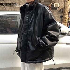 Men's Leather Faux Leather Mauroicardi Winter Oversized Warm Thick Reversible Leather Jacket Men with Fleece Inside Zip Up Casual Loose Luxury Fashion 2021 T221102