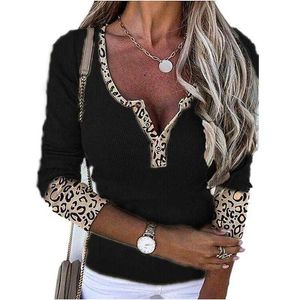 2022 Designer Women Shirts Leopard Crater Tshirt Splice V-neck Knitwear Autumn Women's Button T-Shirt Ladies Tops Tee