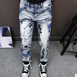 Heren jeans borduurwerk Jean Homme volledige slanke elastische bedelaar Pant Men Blue Moda Hombre modemerk rechte Erkek Kot Pantolon