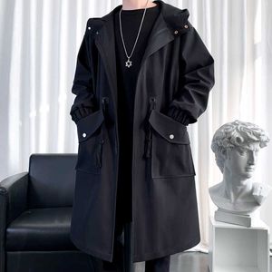 Men's Trench Coats Men'S Windbreaker Jacket Long Trench Oversize Loose Streetwear Hooded Vintage Black Coats High Street Casual Male Outerwear New T221102